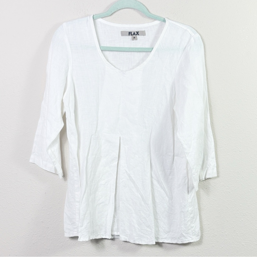 Flax 100% Linen White Tunic Top Sz P (4-6) Inverted Pleat Front